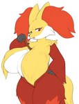 anthro big_breasts breast_curtains breasts canid canine delphox female fur generation_6_pokemon hi_res huge_breasts inner_ear_fluff mammal nintendo pokemon pokemon_(species) pururing red_body red_fur simple_background solo thick_thighs tuft white_body white_fur yellow_body yellow_fur