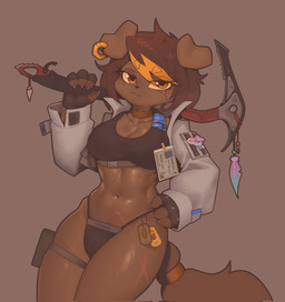 amber_eyes anthro claws clothed clothing curvy_figure ear_piercing ear_ring female fluffy fluffy_tail hair hourglass_figure icepick looking_at_viewer midriff muscular muscular_female navel piercing ring_piercing short_hair skimpy solo tail him_army naranja_(him_army) canid canine canis domestic_dog mammal hi_res