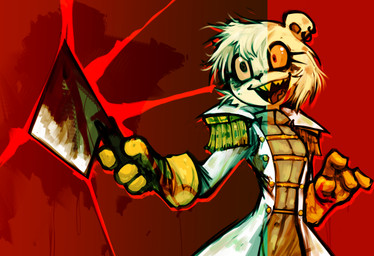 4_fingers black_nose blood bodily_fluids butcher_knife clothing coat ear_piercing ear_ring eyelashes female fingers fur gloves hair handwear knife piercing red_background red_eyes ring_piercing simple_background smile solo teeth topwear white_body white_clothing white_coat white_fur white_hair white_topwear yellow_clothing yellow_gloves yellow_handwear yellow_teeth mcsweezy jocelyn_(mcsweezy) bear mammal absurd_res hi_res