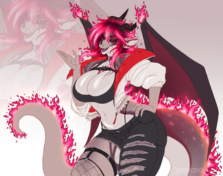 2_horns 5_fingers anthro big_breasts black_choker black_clothing black_horn black_jewelry black_necklace black_sclera black_topwear bottomwear breasts broken_horn choker cleavage cleavage_overflow clothed clothing cropped_jacket denim denim_bottomwear denim_clothing female fingers fire fishnet_clothing fishnet_legwear fishnet_thigh_highs flaming_hair flaming_tail garter_straps grey_body grey_scales hair horn jacket jeans jewelry legwear looking_at_viewer midriff navel necklace open_clothing open_jacket open_topwear pants pseudo_hair red_eyes red_hair scales skindentation small_waist solo standing tail thick_thighs thigh_highs thong_straps topwear torn_bottomwear torn_clothing torn_pants wings zeveth mythology ven_(dragonmaster2653) dragon mythological_creature mythological_scalie scalie 2023 story story_in_description