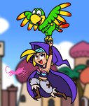 beak breasts building cape cleavage clothed clothing cloud day duo feathered_wings feathers female flying footwear male midriff open_mouth open_smile palm_tree plant smile toony tree wings captainquack64 donkey_kong_(series) nintendo shantae_(series) wayforward sky_(shantae) squawk avian human mammal 2022 crossover hi_res signature