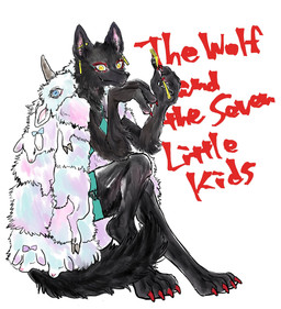 anthro black_body black_fur blue_eyes bow_(feature) bow_ribbon claws clothing colored_nails ear_piercing female fur holding_object horn nails piercing ribbons simple_background sitting solo tail text white_background yellow_eyes kyokyota bovid canid canine canis caprine mammal sheep wolf 2019 english_text hi_res