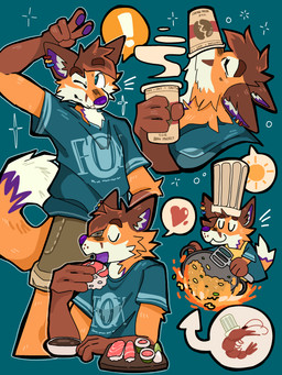 anthro beverage blue_background blue_clothing blue_eyes blue_shirt blue_topwear bottomwear brown_body brown_fur cargo_shorts chef_hat clothed clothing coffee coffee_cup container cooking cup ear_piercing eating exclamation_point fire food fried_rice fully_clothed fur gesture hand_gesture hat headgear headwear heart_symbol male one_eye_closed orange_body orange_fur piercing print_clothing print_shirt print_t-shirt print_topwear purple_body purple_fur rice shirt shorts shrimp_(food) simple_background smile solo speech_bubble standing sun sushi t-shirt tan_bottomwear tan_clothing tan_shorts topwear v_sign white_body white_fur wink mintcashew mochafox_(itsmochafox) canid canine fox mammal red_fox true_fox absurd_res hi_res sketch sketch_page