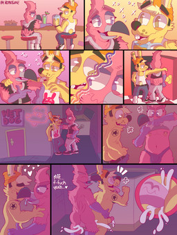 anal anal_penetration anthro armpit_hair bar bodily_fluids body_hair dialogue drunk duo genital_fluids male male/male male_penetrated male_penetrating male_penetrating_male nipples open_mouth penetration sex substance_intoxication text dragon_clits avian bird flamingo lagomorph leporid mammal rabbit absurd_res english_text hi_res