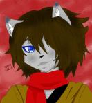 1_eye ambiguous_gender anthro blue_eyes brown_hair hair red_background red_scarf scarf simple_background smile smirk solo discordmelody lucian mammal mink mustelid musteline true_musteline hi_res