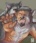 5_fingers anthro beard bodily_fluids brown_eyes claws duo facial_hair fingers fur goatee grey_background grey_body grey_fur growth male mid_transformation multi_nipple nipples one_eye_closed open_mouth pawpads saliva sharp_teeth simple_background snout snout_growth teeth tongue transformation white_body white_fur oldwerewolf canid canine canis human mammal wolf 2022 digital_media_(artwork) hi_res