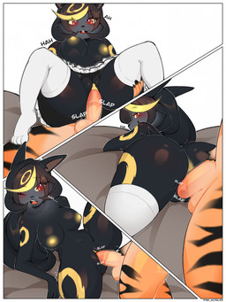 anthro border breasts bulge clothing cowgirl_position duo female female_on_top from_behind_position from_front_position genitals laugh maid_uniform male male/female on_bottom on_top penetration penile penile_penetration penis penis_in_vagina pokemorph reverse_cowgirl_position sex sound_effects uniform vaginal vaginal_penetration vulva white_border pink_kutal23 nintendo pokemon eeveelution felid generation_2_pokemon mammal pantherine pokemon_(species) tiger umbreon 3:4 hi_res
