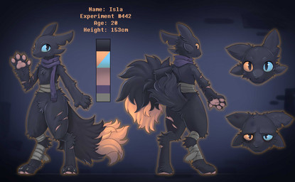 :3 ambiguous_gender anthro bandage black_body black_fur blue_sclera bruised cheek_tuft claws color_swatch crotch_tuft digitigrade dipstick_tail ears_back emanata exhausted eye_bags facial_tuft fluffy fluffy_tail front_view fur handpaw heterochromatic_scleras heterochromia holding_own_tail holding_tail looking_at_viewer looking_back looking_back_at_viewer markings mostly_nude notched_ear one_ear_up pawpads paws periorbital_dark_circles pivoted_ears posing_for_picture presenting_pawpads pupils raised_hand raised_tail rear_view sad scar scarf semi-anthro slit_pupils smile snout solo standing stats tail tail_markings text tired tired_eyes tuft yellow_body yellow_fur yellow_sclera yellow_tail_tip creepy_gun casualties:_unknown isla_(raumsk) canid canine expie_(gunsawian) fox gunsawian mammal murid murine rat rodent english_text full-length_portrait headshot_portrait hi_res model_sheet portrait