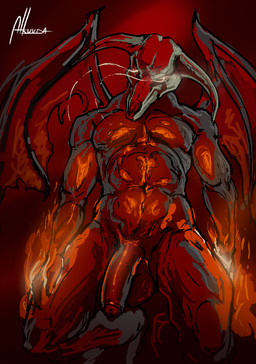 anthro athletic big_penis black_body bone demonic digitigrade elemental_manipulation fire fire_manipulation flaccid genitals glowing glowing_eyes male muscular penis red_background simple_background skull skull_head solo wings alkuuda doom_(series) id_software microsoft demon vassago_(doom) hi_res