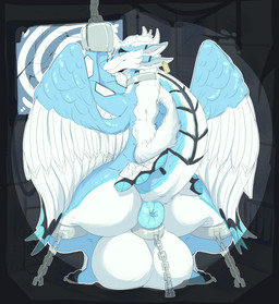 animal_genitalia anus balls bdsm big_balls big_butt blue_anus bondage bound butt chain chained collar crouching cuff_(restraint) curvy_figure ear_piercing ear_tag feathered_wings feathers feral fur genitals horn huge_balls huge_thighs hyper hyper_balls hyper_genitalia leg_cuff looking_at_viewer looking_back male penis piercing presenting presenting_anus presenting_balls presenting_hindquarters puffy_anus raised_tail restraints solo stripes tail testicle_cuff thick_thighs wings wrist_cuffs shelterinen mythology teck dragon furred_dragon furred_scalie mythological_creature mythological_scalie scalie absurd_res hi_res