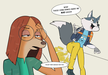 anthro bottomwear brown_eyes brown_hair clothing disgust duo employee eyewear fart fart_cloud female glasses hair jacket onomatopoeia pants round_glasses sound_effects tail text topwear wearing_glasses yellow_bottomwear yellow_clothing yellow_eyes yellow_pants gassipon illumination_entertainment sing_(movie) porsha_crystal suki_lane canid canine canis domestic_dog hunting_dog mammal saluki sighthound wolf hi_res