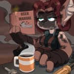 accident annoyed anthro beverage clothing coffee coffee_mug container cup electronics female fingerless_gloves fluffy_ears gloves hair handwear headphones headphones_around_neck humor manual mechanic mug music reading red_hair smoke solo soot steam tools toony sound_warning turkojar isa_sturmi deer mammal 1:1 animated long_playtime loop sound webm