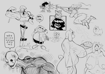 abs anthro big_breasts big_butt black_bottomwear black_clothing black_eye_patch black_eyewear bone bottomwear breasts butt clothing eye_patch eyewear female feral fight flexing flexing_bicep food food_on_head footwear group hair holding_hot_dog hot_dog huge_breasts injection jacket long_hair male mature_female medical_instrument medical_syringe melee_weapon messy_hair midriff muscular muscular_female navel parry pasties pastry pie polearm realistic robe scientific_instrument shirt shoes short_hair skeleton slightly_chubby slightly_chubby_female spear steroids syringe tail tank_top text topwear vein veiny_muscles weapon wide_hips wounded ketsui undertale undertale_(series) annoying_dog_(undertale) flowey_the_flower frisk_(undertale) gaster papyrus_(undertale) sans_(undertale) toriel undyne bovid canid canine canis caprine domestic_dog goat human humanoid mammal 2026 absurd_res character_cipher digital_media_(artwork) hi_res monochrome wingdings_text brother_(lore) brothers_(lore) sibling_(lore)