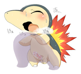 ambiguous_gender balls blush bodily_fluids cum dialogue duo ejaculation erection eyes_closed genital_fluids genitals male male/ambiguous open_mouth orgasm penis simple_background solo_focus sweat tapering_penis text tongue white_background doneru nintendo pokemon cyndaquil generation_2_pokemon pokemon_(species) 2015 japanese_text translated