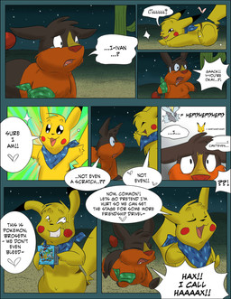 absurd_res bandanna bodily_fluids breaking_the_fourth_wall clothing comic desert dialogue english_text feral fur generation_1_pokemon generation_5_pokemon grimgrendel hacking_fate happy hi_res ivan_(jellehbear) jellehbear kerchief kyurem legendary_pokemon male mammal nintendo pikachu plot_twist pokemon pokemon_(species) rodent scalie scarf semi-anthro surprise tail tears tepig text yellow_body yellow_fur