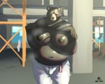 anthro areola big_areola big_moobs bodily_fluids bottomwear breasts bulge clothed clothing clothing_lift detailed_background flashing looking_at_viewer male missing_eye moobs musk musk_clouds navel nipples overweight overweight_anthro overweight_male pants shirt shirt_lift solo sweat sweaty_body sweaty_moobs topwear artemi mihoyo zenless_zone_zero ben_bigger bear mammal 5:4 absurd_res hi_res