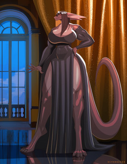 abs anthro balcony big_breasts black_claws black_hair blue_sky breasts claws cleavage_cutout clothing countershade_legs countershade_thighs countershade_torso countershading curtains curtains_open cutout detailed_background dress dress_only ears_back eyebrow_scar eyebrows facial_scar female front_view fur hair hair_on_breasts hand_on_hip huge_breasts inside long_dress long_ears long_sleeves long_tail looking_at_hand muscular muscular_female navel non-mammal_breasts non-mammal_navel pink_body pink_fur pivoted_ears red_body red_fur red_sclera reflective_floor scar sky slit_dress smile solo standing tail thick_eyebrows wide_hips window yellow_eyes hiverdose xena_(hiverdose) scalie unknown_species full-length_portrait hi_res portrait