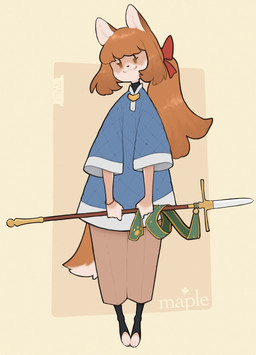 armor bottomwear bow_tie brown_eyes brown_hair clothing female fox_ears fur gambeson hair holding_object holding_weapon legwear looking_at_viewer melee_weapon multicolored_body multicolored_fur pants polearm ponytail semi-anthro solo spear stirrup_legwear stirrup_stockings stockings two_tone_body two_tone_fur weapon tealst maple_(tealst) canid canine mammal hi_res