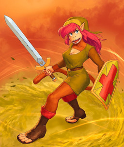 5_fingers 5_toes abstract_background anthro belt blue_eyes boots breasts cleavage clothed clothing crossgender ear_piercing feet female fingers footwear hair hat headgear headwear holding_melee_weapon holding_object holding_shield holding_sword holding_weapon long_hair master_sword melee_weapon mtf_crossgender piercing prehensile_feet red_hair shield shirt shoes solo sword toeless_boots toeless_footwear toes topwear triforce tunic weapon redustheriotact nintendo shonen_captain the_legend_of_zelda link haplorhine humanoid hylian mammal monkey primate 2022 hi_res