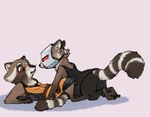 anthro blush clothed clothing duo eye_contact female flirting looking_at_another looming machine male mask simple_background straddling surprise tension nobby_(artist) guardians_of_the_galaxy marvel fan_character rocket_raccoon hybrid mammal procyonid raccoon robot robot_anthro 2018