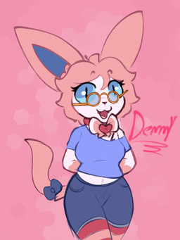 anthro blue_clothing blue_eyes blue_shirt blue_topwear bottomwear bow_ribbon breasts clothed clothing collar eyewear female footwear fur glasses golden_glasses hair hands_behind_back heart_symbol legwear looking_at_viewer open_mouth pattern_clothing pattern_legwear pink_body pink_fur shirt shorts simple_background socks solo striped_clothing striped_legwear stripes topwear tuft kreivi_ruche nintendo pokemon demmy_(character) eeveelution generation_6_pokemon mammal pokemon_(species) sylveon 3:4