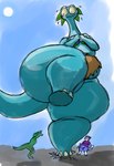 anthro big_breasts big_butt blue_body breasts butt clothed clothing female group hair headgear huge_butt huge_thighs macro obese obese_anthro obese_female overweight overweight_anthro overweight_female simple_background size_difference solo_focus tail thick_thighs wide_hips kazecat portia_(kazecat) brontosaurus dinosaur diplodocid prehistoric_species reptile sauropod sauropodomorph scalie 2006