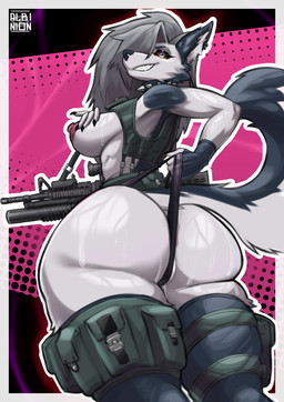 anthro anus anus_peek areola assault_rifle barely_visible_anus big_breasts big_butt bodily_fluids breasts butt clothed clothing female fur gun hair holding_gun holding_object holding_ranged_weapon holding_weapon legwear looking_at_viewer m4a1 military_uniform nipples nude open_mouth piercing ranged_weapon red_sclera rifle smile solo stockings tail text uniform weapon white_body white_fur albinion hellaverse helluva_boss mythology loona_(helluva_boss) canid canid_demon canine canis demon hellhound mammal mythological_canine mythological_creature wolf absurd_res digital_media_(artwork) hi_res