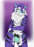 anthro body_hair bulge clothing fangs femboy fluffy fur hair hairy male neck_tuft pose pubes purple_body purple_fur sabertooth_(anatomy) simple_background solo teasing teeth tuft smilingscorpio rue_royal_(smilingscorpio) felid feline mammal prehistoric_species saber-toothed_tiger hi_res pinup