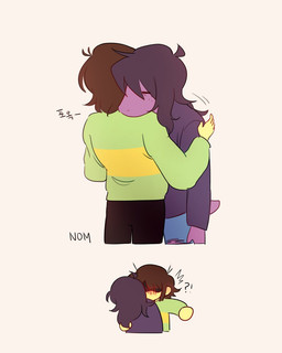 ambiguous_gender ambiguous_human anthro bite clothed clothing duo female hair heart_symbol hug interrobang simple_background text suchinnom deltarune undertale_(series) kris_dreemurr susie_(deltarune) human mammal reptile scalie 2019 4:5 digital_media_(artwork) hi_res korean_text translated
