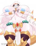 anthro areola big_breasts blue_areola blue_eyes blue_nipples blush bottomwear breasts circlet clothed clothing female hair huge_breasts legwear loincloth looking_at_viewer navel nipples open_mouth solo thick_thighs thigh_highs topless white_body white_hair b_inteligence nintendo pokemon verity_(e1lumi) generation_5_pokemon legendary_pokemon pokemon_(species) reshiram hi_res