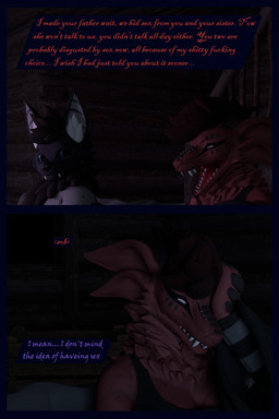 anthro arm_warmers armwear blue_eyes bodily_fluids bottomwear clothing crying dialogue distressed female fur leg_warmers legwear male profanity purple_body purple_fur red_body red_fur robe sad shirt shorts tears text topwear flailingfornication bat mammal origin_species 2:3 3d_(artwork) absurd_res comic digital_media_(artwork) english_text hi_res mother_(lore) parent_(lore) son_(lore)