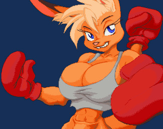 anthro arcade big_breasts blinking blonde_hair blue_eyes bouncing_breasts boxing boxing_gloves breasts buckteeth cleavage clothed clothing female fighting_pose fur hair handwear huge_breasts inner_ear_fluff muscular muscular_anthro muscular_female navel orange_body orange_fur pink_nose pose pouch_(anatomy) red_boxing_gloves red_clothing red_handwear shirt skimpy small_waist solo sport tank_top teeth topwear tuft undersized_clothing hazaz ko_(fabio_paulino) kangaroo macropod mammal marsupial animated digital_media_(artwork) pixel_(artwork) pixel_animation