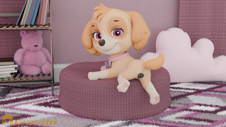 female feral furniture genitals ottoman solo vulva young young_feral unknowndata paw_patrol skye_(paw_patrol) canid canine canis cockapoo domestic_dog mammal mixed_breed hi_res