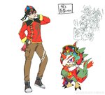 alternate_costume anthro asian_clothing chinese_clothing claws clothing duo east_asian_clothing feathers feet green_body green_feathers hat headgear headwear male mask talons toes bandai_namco digimon digimon_liberator kazama_shoto digimon_(species) human mammal pteromon hi_res official_art