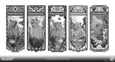 ambiguous_feral ambiguous_gender banner bathing beak black_beak black_body black_eyes black_feathers black_tail_feathers closed_smile company_logo eyes_closed feathers feral fern flower flower_on_head fur grey_body grey_fur grey_sky group insect_wings larger_ambiguous larger_feral lepidopteran_wings light mouth_closed open_mouth open_smile outside partially_submerged plant reins relaxing rock saddle shrub simple_background size_difference sky smaller_ambiguous smaller_feral smile standing_on_another standing_on_head symbol teeth text trio water white_background white_flower wings mariana_livraes highguard_(game) arthropod avian bird butterfly capybara caviid insect lepidopteran mammal rodent 2026 absurd_res concept_art digital_drawing_(artwork) digital_media_(artwork) english_description english_text greyscale hi_res lighting monochrome official_art shaded url