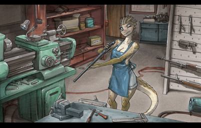 5_fingers anthro assault_rifle biped blue_eyes breasts female fingers gun handgun inside lathe non-mammal_breasts ranged_weapon rifle scales solo tan_body tan_scales weapon workshop yellow_body yellow_scales ewgengster lizard reptile scalie absurd_res hi_res