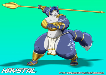 anthro armor belly big_breasts blue_body blue_fur blue_hair bottomwear breasts clothing female fluffy fluffy_tail fur gold_(metal) gold_armor green_eyes hair huge_hips huge_thighs jewelry loincloth melee_weapon muscular muscular_anthro muscular_female navel ornate_armor overweight overweight_anthro overweight_female polearm solo tail thick_thighs weapon white_body white_fur wide_hips xxsparcoxx nintendo star_fox krystal_(star_fox) canid canine fox mammal 2025 digital_media_(artwork) hi_res