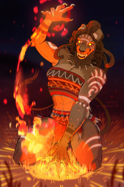 abs anthro bottomwear breasts claws clothing dreadlocks fangs female finger_claws fire fur glowing grass hair jewelry kneeling loincloth magic magic_user markings midriff midriff_top muscular muscular_anthro muscular_female necklace night open_mouth outside plant sharp_teeth smile solo tail tail_tuft tan_body tan_fur teeth text tooth_necklace tribal tribal_markings tuft whiskers yellow_eyes natalie_de_corsair felid lion mammal pantherine 2026 hi_res signature url