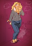 anthro biped blonde_hair blue_bottomwear blue_clothing blue_jeans blue_pants bodily_fluids bottomwear clothed clothing denim denim_bottomwear denim_clothing female female_peeing floppy_ears fully_clothed fur genital_fluids grey_clothing grey_sweater grey_topwear hair inside jeans long_hair lop_ears markings mole_(marking) omorashi open_mouth pants pants_wetting peeing pink_nose purple_eyes solo standing sweater tail tan_body tan_fur topwear urine urine_pool wet wet_bottomwear wet_clothing wet_pants wetting lameboast cheddar_(janethebuwny) lagomorph leporid mammal rabbit 2025 absurd_res alternate_version_at_source digital_media_(artwork) hi_res sketch