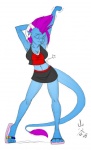 anthro bare_shoulders big_breasts biped blue_body breasts cleavage clothed clothing eyes_closed female horn non-mammal_breasts simple_background solo standing tail white_background fenrirb mythology lolli_(sweberra) dragon mythological_creature mythological_scalie scalie sweberra