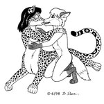 1998 animal_genitalia anthro anthro_on_taur bernard_doove breasts canid canine chakat chakona_space dipstick_tail duo felid felid_taur female forestwalker fox fully_sheathed fur genitals gloves_(marking) hair herm_(lore) kissing kris_fletcher leg_markings male male/female mammal mammal_taur markings monochrome multicolored_tail nude red_fox sheath socks_(marking) tail tail_markings taur true_fox