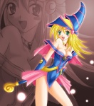 blonde_hair blowup_background blue_eyes clothing female hair hat headgear headwear not_furry pointy_hat simple_background solo unknown_artist konami yu-gi-oh! dark_magician_girl duel_monster human mammal low_res