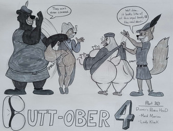 anthro belly belt big_breasts big_butt bottomless breasts butt butt_slap bycocket clenched_teeth clothed clothing dialogue exclamation_point female footwear group hat hat_feather headgear headwear huge_breasts huge_butt loose_feather male male/female motion_lines no_underwear onomatopoeia open_mouth raised_clothing raised_tail shirt shirt_grab shocked shoes size_difference slap sound_effects speech_bubble standing tail teeth teeth_showing text tiptoes topwear tunic veil blu3danny disney robin_hood_(disney) lady_kluck little_john maid_marian robin_hood avian bear bird brown_bear canid canine chicken fox galliform mammal phasianid red_fox true_fox ursine english_text hi_res