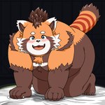 all_fours anthro belly big_belly blush brown_body cute_fangs fangs kemono male moobs open_mouth overweight overweight_male solo teeth young butti_myroom tamacolle suruga_(tamacolle) ailurid mammal red_panda 1:1 2024