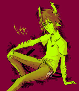 2_horns bangs biped bottomwear brown_eyes brown_hair clothed clothing femboy fully_clothed gift hair hand_on_knee hand_on_leg head_horn horn humanoid_pointy_ears jewelry looking_at_viewer monotone_hair necklace no_pupils pants pointy_ears red_background retro shirt short_hair simple_background solo spiky_hair t-shirt text topwear year rock-bomber nikki_the_incubus demon humanoid 2013 character_name hi_res signature