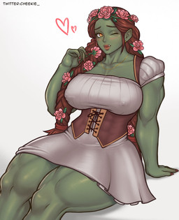 accessory biceps big_breasts blush braided_hair breasts brown_hair clothing dress female flower flower_in_hair green_body green_skin hair hair_accessory humanoid_pointy_ears muscular muscular_female nipple_outline not_furry one_eye_closed plant pointy_ears quads simple_background solo tusks white_background wink cheekie humanoid orc 2023 hi_res