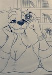 anthro big_breasts book breasts clock clothed clothing female floppy_ears giga hand_on_chin macro planet plant shrunken_object shrunken_planet solo watch wristwatch bredlaybagordh olannah canid canine canis domestic_dog mammal hi_res traditional_media_(artwork)