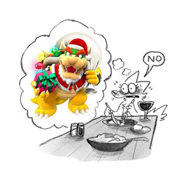 3_toes alcohol anthro beverage blush bodily_fluids christmas_clothing christmas_headwear clothing container cup cutlery dialogue eating egg eyelashes fangs feet female fluffy fluffy_tail fork gift hat headgear headwear holidays kitchen_utensils knife looking_at_viewer open_mouth santa_hat speech_bubble sweat tail teeth text toes tools wine twistcmyk christmas mario_bros nintendo bowser twist_(twistcmyk) canid canine canis koopa mammal scalie wolf 2021 english_text