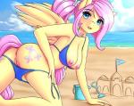 2018 accessory all_fours anthro anthrofied anus areola beach big_breasts bikini biped blue_eyes bodily_fluids breasts bucket butt clitoral_hood clitoris clothed clothing cloud container cutie_mark day detailed_background digital_media_(artwork) equid equine eyebrows eyelashes feathers female fluffy fluffy_tail fluttershy_(mlp) friendship_is_magic fur genital_fluids genitals hair hair_accessory hairband hairpin hasbro hi_res humanoid_genitalia humanoid_pussy light long_hair long_tail looking_at_viewer looking_back makeup mammal mascara multicolored_pussy my_little_pony mythological_creature mythological_equine mythology nipples open_mouth open_smile outside partially_clothed pegasus pink_areola pink_inner_pussy pink_nipples pink_pussy pink_tail pink_tongue plump_labia ponytail pussy sand_castle sculpture seaside sky slim smile snout solo spread_wings sunlight swimwear tail tail_aside tongue trowel twistedscarlett60 two-piece_swimsuit two_tone_pussy undressing vaginal_fluids water wings yellow_anus yellow_body yellow_feathers yellow_fur