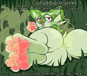 3_toes ambiguous_gender big_butt bodily_fluids butt claws ellipsis exclamation_point fangs featureless_crotch feet feral foot_fetish foot_focus fur grass green_body green_fur half-closed_eyes lying musk musky_butt musky_feet narrowed_eyes on_side open_mouth outside pawpads paws photosynthesis pink_pawpads plant smelly smelly_butt smelly_feet solo sweat sweaty_feet sweaty_toes talking_to_viewer teeth text toe_claws toes duskfenra nintendo pokemon generation_9_pokemon pokemon_(species) sprigatito 2026 cel_shading colored digital_media_(artwork) english_text hi_res shaded